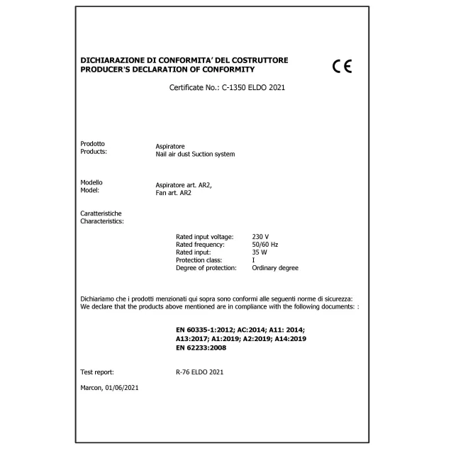 Aspiratore Unghie Dichiarazione di Conformità