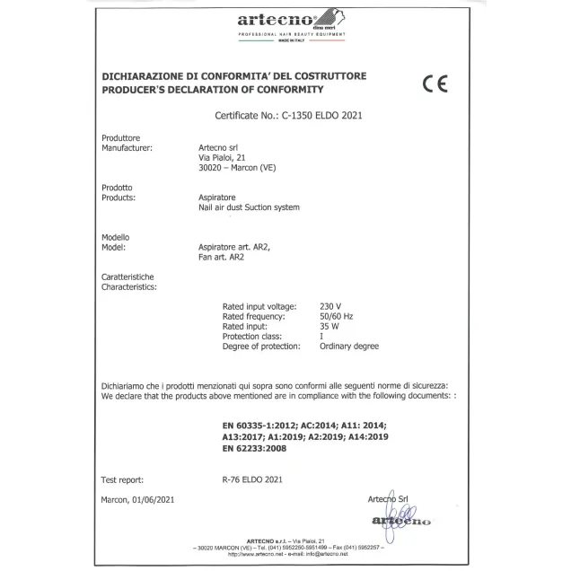 Aspiratore Unghie Dichiarazione di Conformità